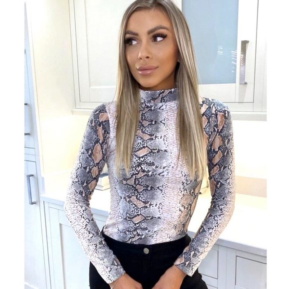 Snake Print Animal Print Long Sleeve High Neck Bodycon Bodysuit Top Leotard - Picture 1 of 5